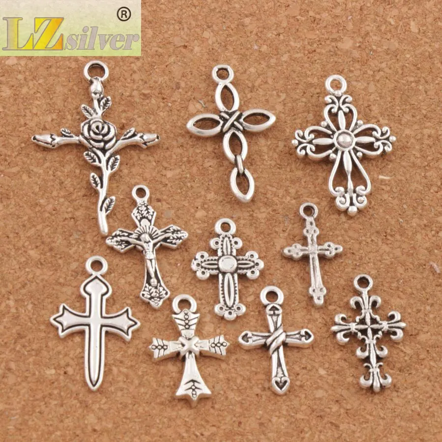 Cute Flower Design Cross Charm Beads 10Styles Mic Tibetan Silver Pendants Jewelry DIY Findings Components LM45