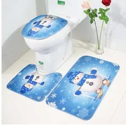 3pcs Christmas Cartoon Snowman Bathroom Mat Set Toilet Seat Cover Anti-Slip Toilet Rug for Home Decoration Bath Mat Rug