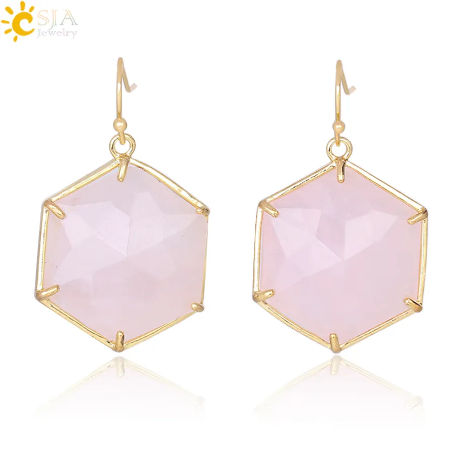 CSJA Pink Steen Hexagon Earrings Natural Gemstone Hanger Dangle Earring voor Piercing Oor Wit Crystal Rock Dames Party Sieraden Gift F345
