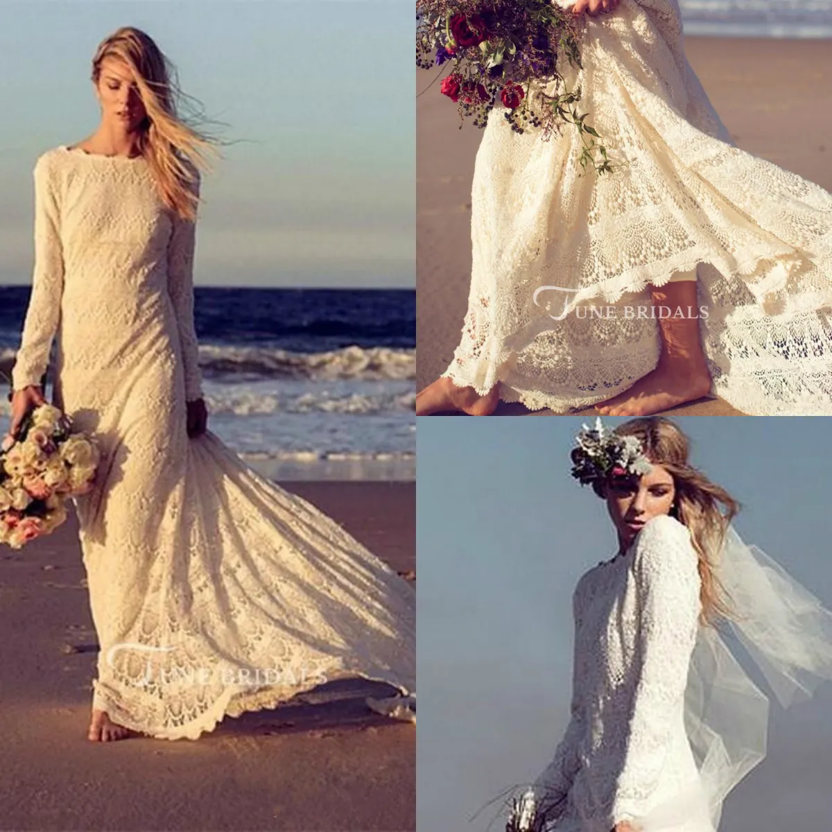 Bohemiska långa ärmar klär sig en linje full spets boho brudklänningar juvel hals strand bröllop klänning