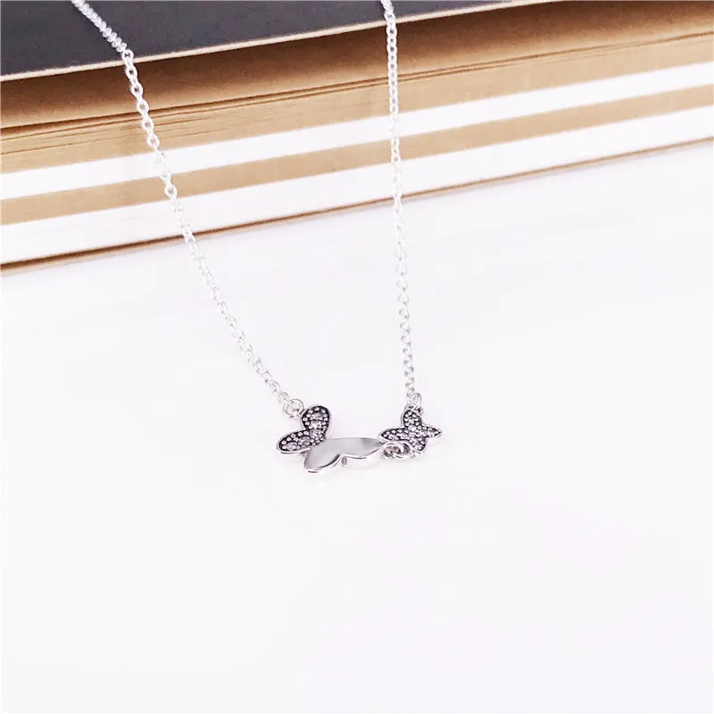 Mariposa collar de plata Auténtica plata de ley 925 con circonita cúbica clara DIY joyería fina 590520CZ-45 Charm collar