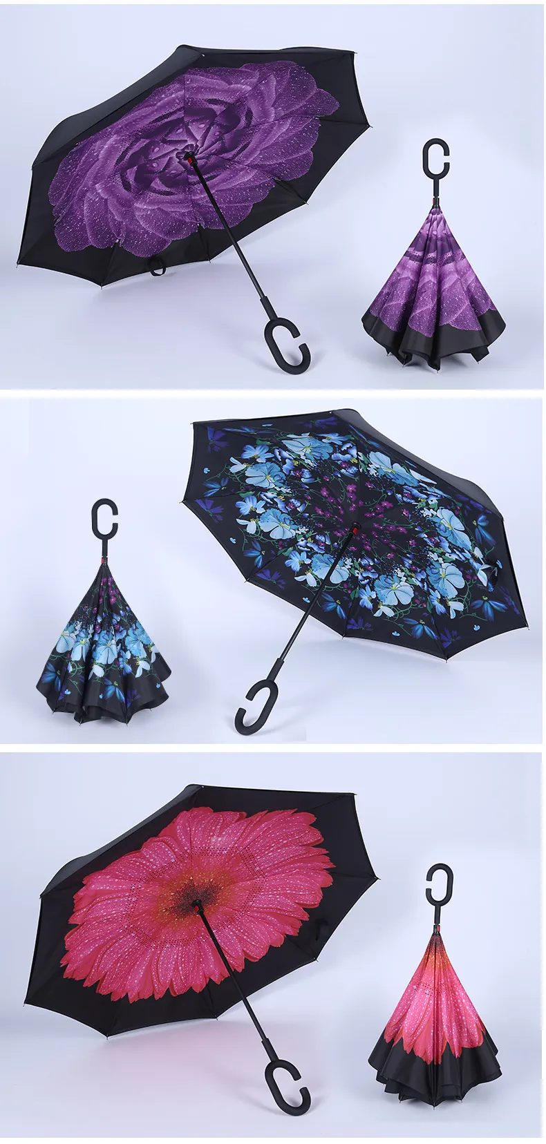 Новый ветрозащитный обратный складной двухслойный перевернутый зонтик Self Stand Inside Out Защита от дождя С-крюк
