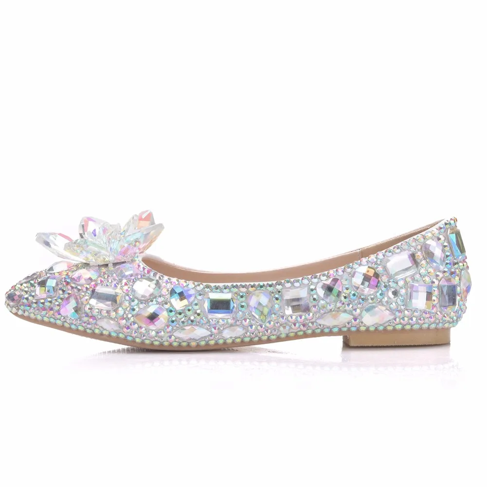 Nya vackra AB Crystal Women Flats Rhinestone Pointed Toe Flat Elegant Wedding Shoes Lämplig plus -storlek Brud Flats1236973