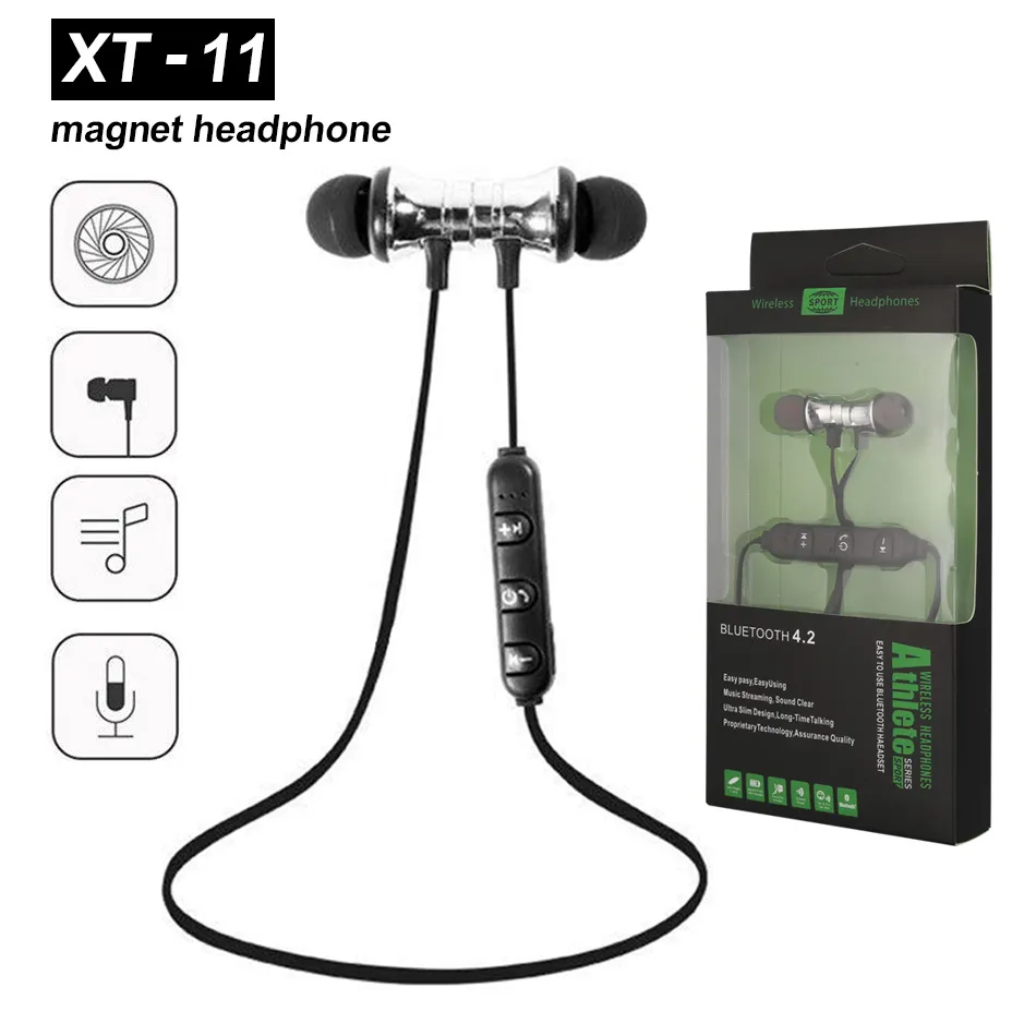 Cuffie sportive magnetiche XT11 Auricolari stereo wireless BT4.2 con microfono Auricolari magnetici Cuffie basse per iPhone Samsung LG Smartphone in confezione piatta