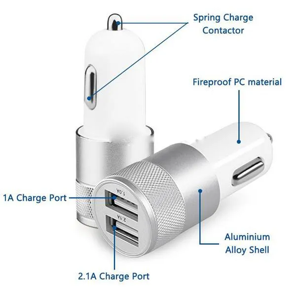 Metalowa podwójna portu USB Car Charger Universal 2.1 Adapter ładowania LED dla IP 6 7 8 Samsung S8 Tablet Nokia