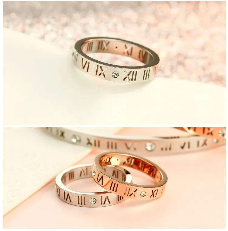 Roman letter cutout Women's Diamond Ring, ladies fashion rose gold ring, Roman numeral silver rings Women's Band Rings