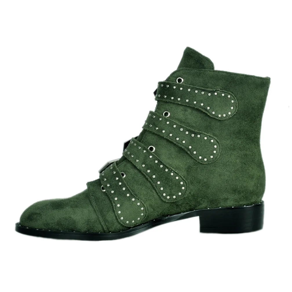 Kolnoo Nieuwe producten Handgemaakte Dames Dames Low-Hak enkellaarzen Klinknagels Spikes met vier gespen Deco Casual Mode Booties Simple Shoes A045