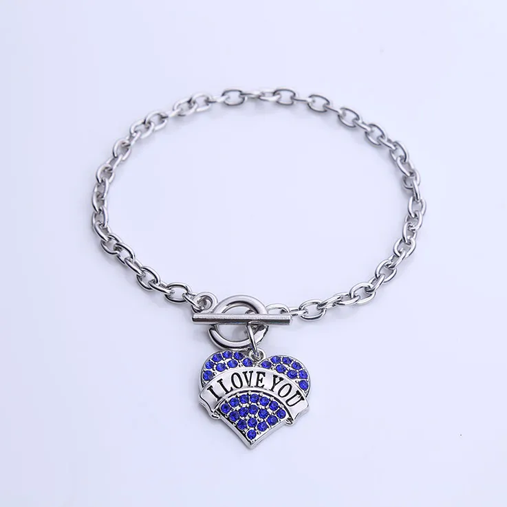 Drop Shipping Rhodium plattiert Ich liebe dich Herz Pendent Toggle Charm mit funkelnden Kristall Gliederkette Armband