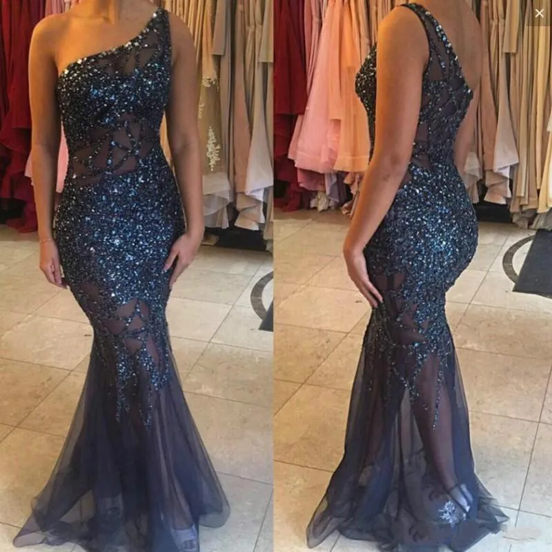 Bling Crystal Beaded Evening Dresses Illusion Mermaid Sheer One Shoulder Pageant Plus Size Arabic Formal Party Prom Dresses Custom Gown