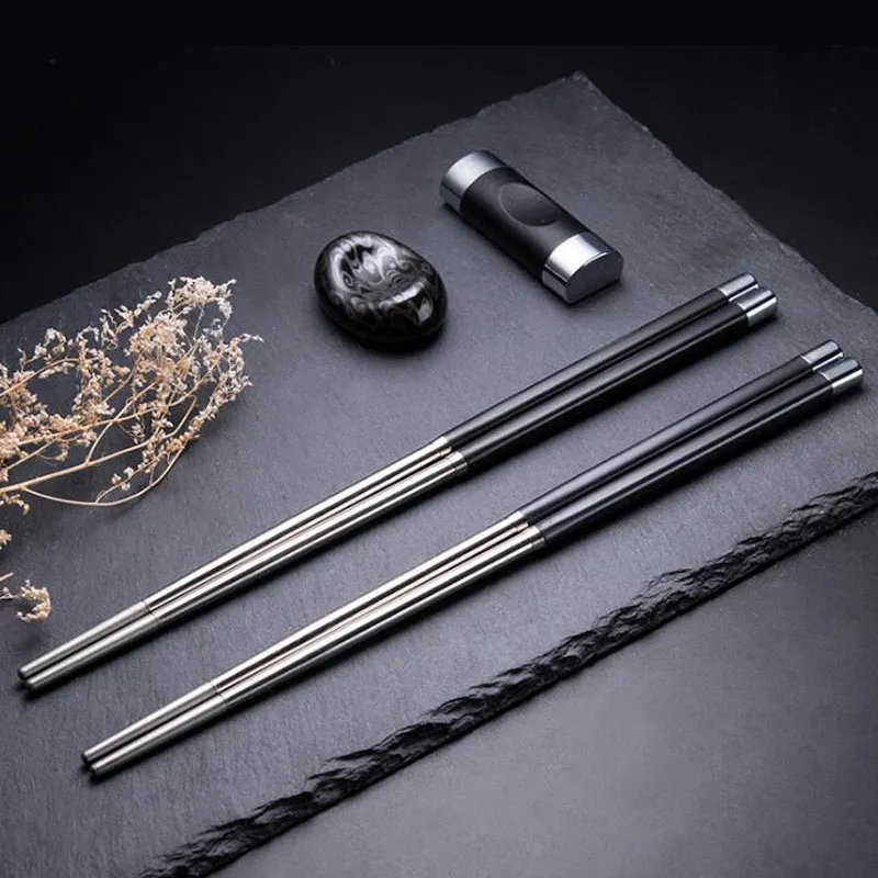 Japansk stil ätpinnar Set rostfritt stål återanvändbart reser utsökta bestick chopsticks hållare rack Gratis frakt za6207
