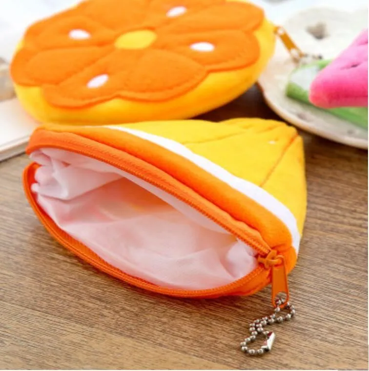 Zachte pluche watermeloen oranje fruit vrouwen munten portemonnee mini schattige ovale rits kinderen meisje munt portefeuille USB-kabel headset zak