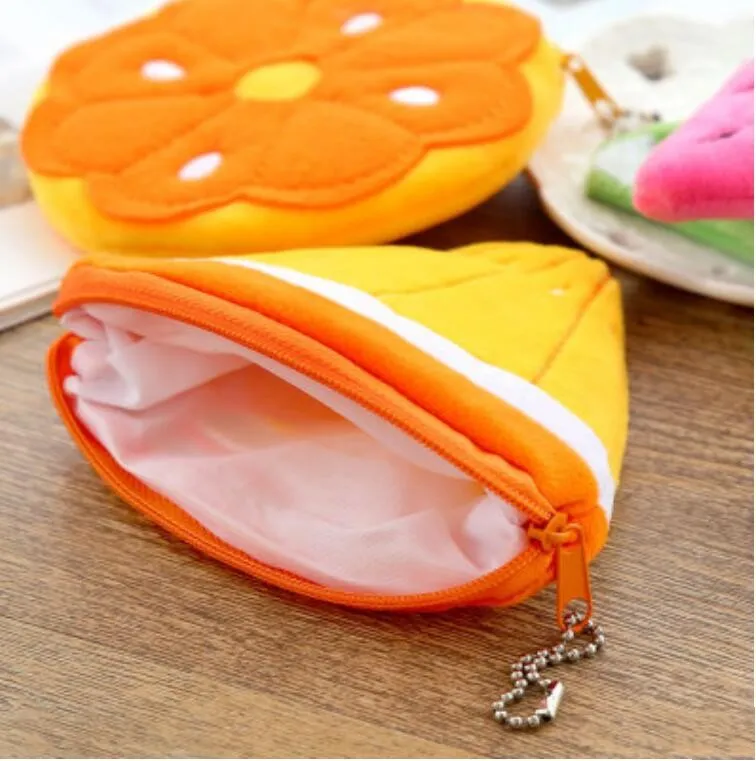 Soft Plush Watermelon Orange Fruit Women Coin Purse Mini Cute Oval Zipper Children Girl Coin Wallet USB Cable Headset Bag