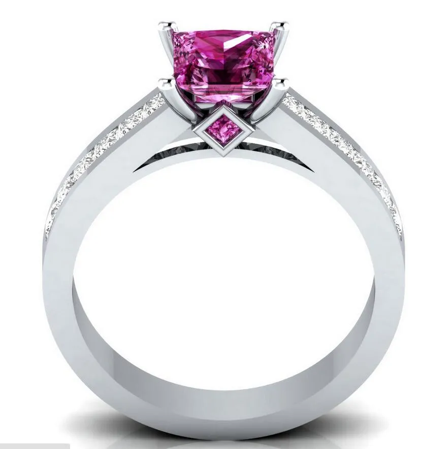 Victoria Wick Luksusowa Biżuteria Handmade 925 Sterling Silver Wypełniony Princess Cut Pink Sapphire CZ Diamond Gemstones Women Wedding Band Ring