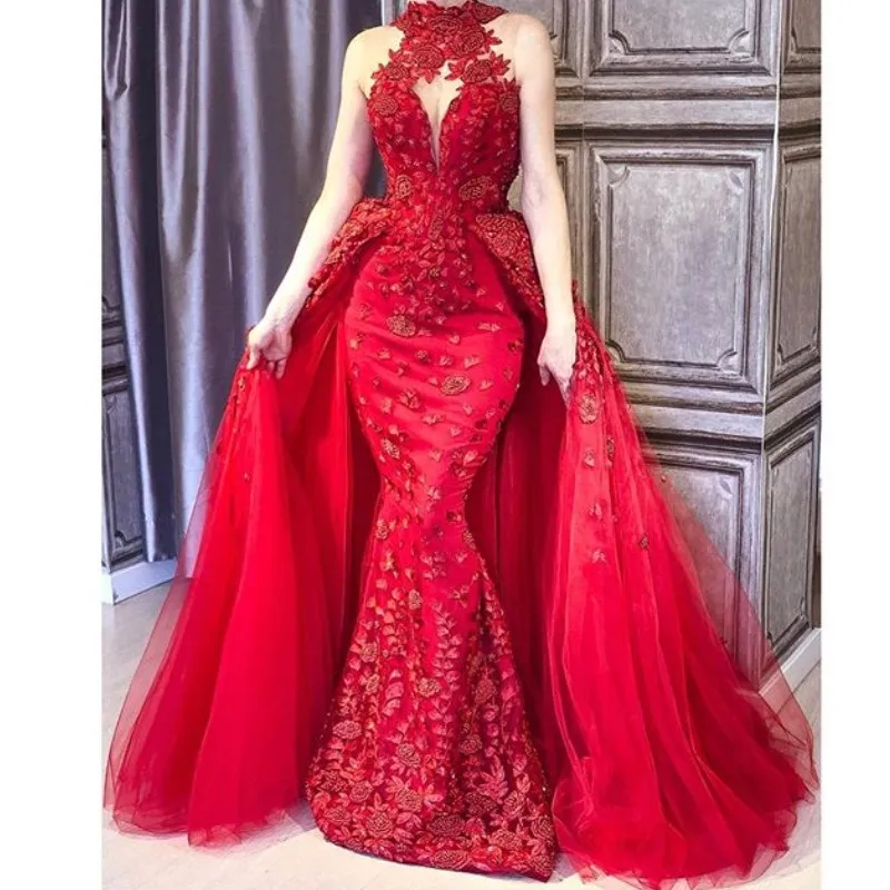 Glamour Sirène 2018 Robe De Bal Avec Overskirt Col Haut Perles Dentelle Applique Robes De Soirée Sans Manches Élégant Arabia Dubaï Robe De Bal