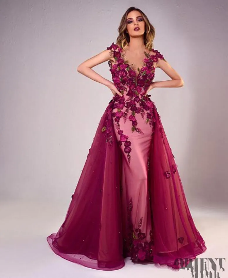 Tony Chaaya 2018 robes de bal sirène avec perles de train détachables robes de soirée dentelle appliques sans manches robe de soirée de luxe