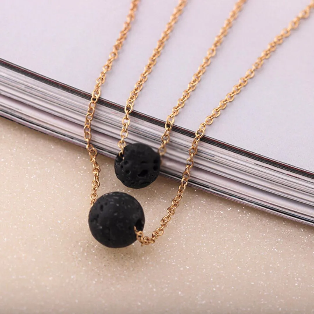 925 Silver Gold Plated Aromatherapy Essential Oil Diffuser Black Lava Stone Vintage Vintage Multilayer Chain Rock Beads Necklace Jewelry