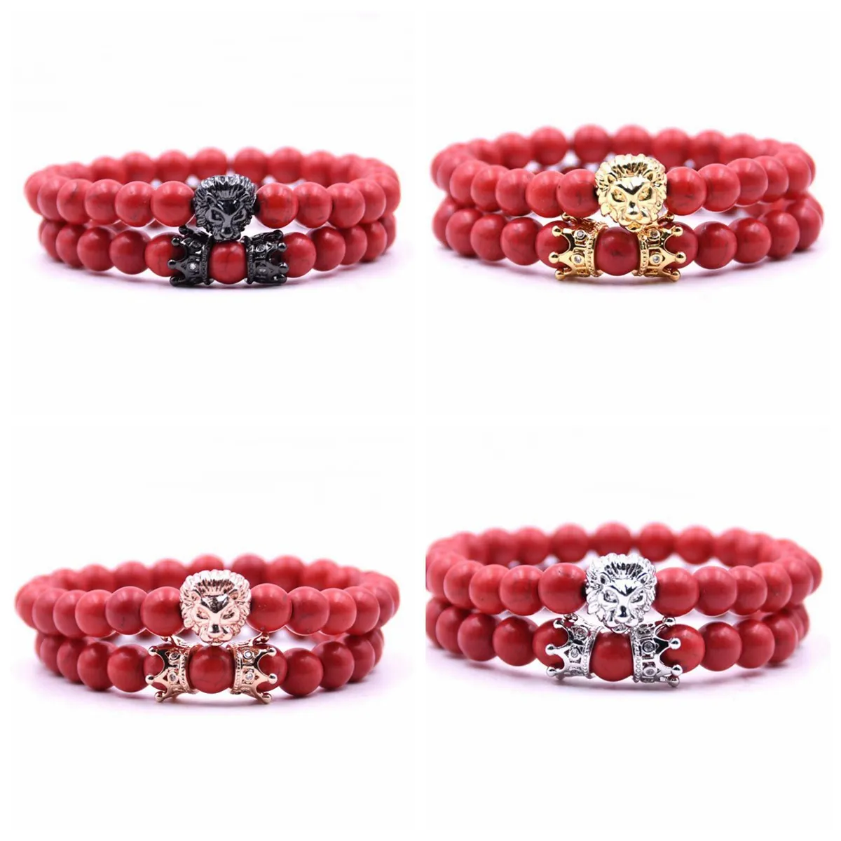 2 Pz/set Animale Re Testa di Leone Rosso Turchese Braccialetto di Pietra Naturale Corona Paio Set di Braccialetti Per Gli Uomini Gioielli A Mano Accessori Uomo donna