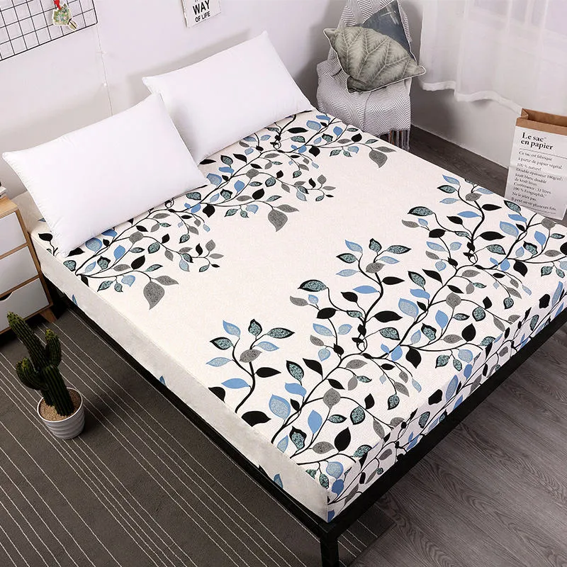 1 PC New Design 6 Sizes Polyester Bed Sheet With Elastic Band Leaf Pattern Deep 25cm Mattress Bed Cover Fitted Sheets Home Use