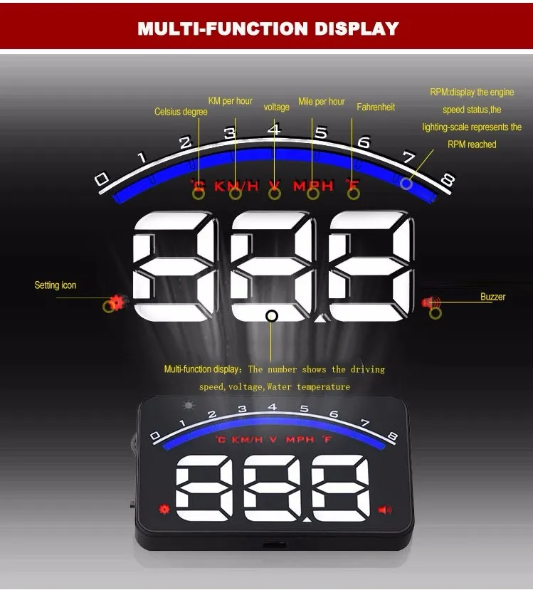 Obdii Hud Head Up Display, Car Head Up Display Speedometer, Obd2 Hud Head  Up Display Windshield Projector Multifunction Gauge Alarm Fatigue Driving  Reminder : : Car & Motorbike