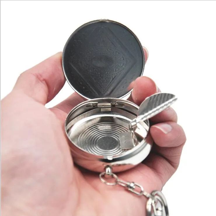 Outdoors Round Cigarette Ashtrays Smoking Accessories Tool Keychain key Ring Metal Holder Storage Stainless Steel Pocket Case