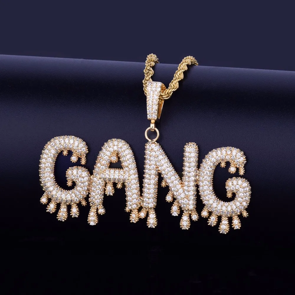 Hot Seller A-Z Custom Name Kleine Druppel Bubble Letters Hangers Kettingen Heren Zirkoon Hip Hop Sieraden Gratis Touw Ketting Drie Kleuren