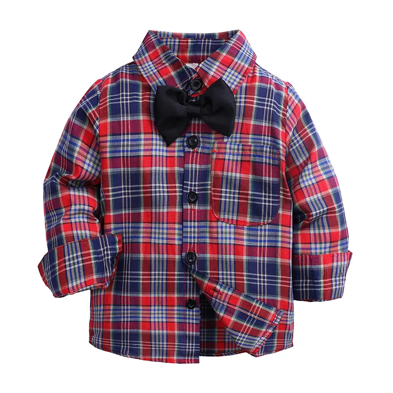 Hot Sale Plaid Shirts Barn Kid Boys Tjej Långärmad Knappar Focken Toppar Skjorta Slå ner Krage Blus Casual