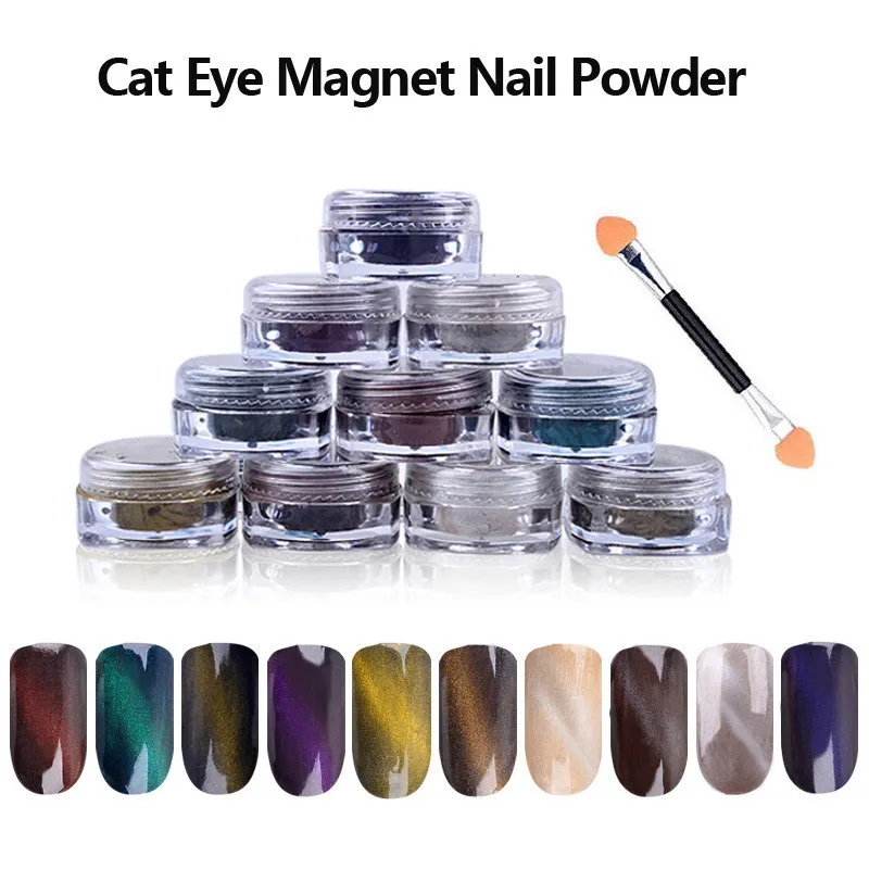 10色3D効果猫の粉の粉の磁石の爪の粉の磁気グリッターネイルアートピグメントDIYマニキュア
