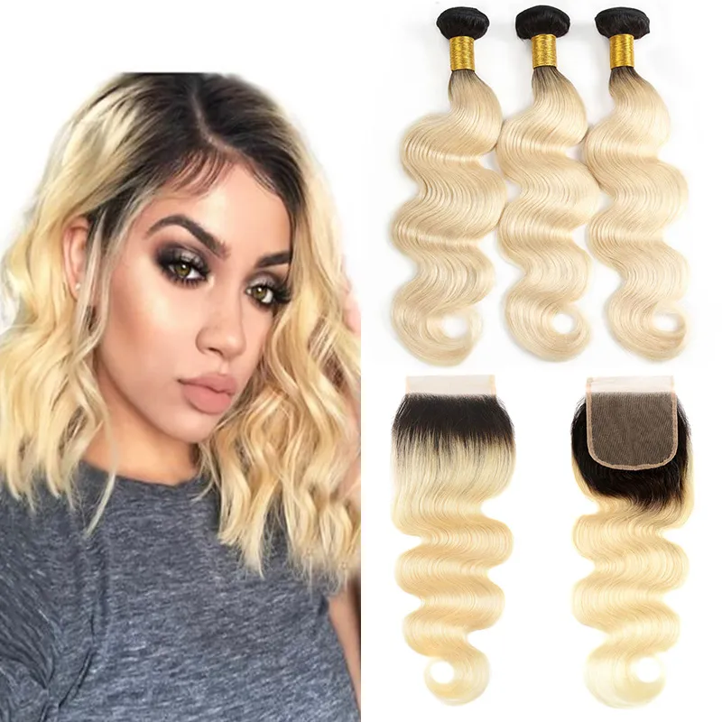 1B 613 Ombre Blonde Bundles de cheveux humains avec 4x4 partie libre fermeture en dentelle vague de corps racine noire cheveux humains tisse des extensions de cheveux blonds