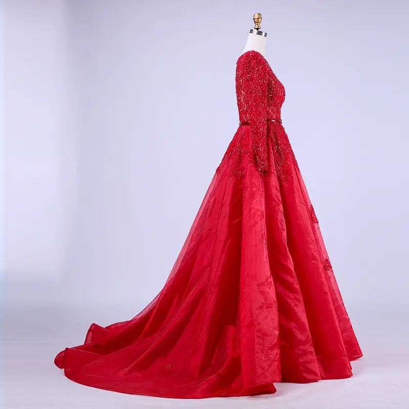 Catar 2024 alta qualidade novo tipo de tiro em vermelho longo festa formal vestidos de noite de manga comprida rendas contas bola vestidos de baile hy041