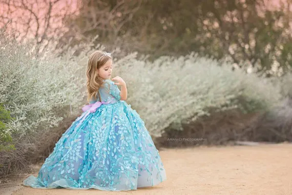 Aqua Blue and Lavender Birthday Jurken 2018 Fairy Applicaties Couture Flower Girl Dress Lovely 1/2 Lange mouwen Baljurk Toddler Pageant Dres
