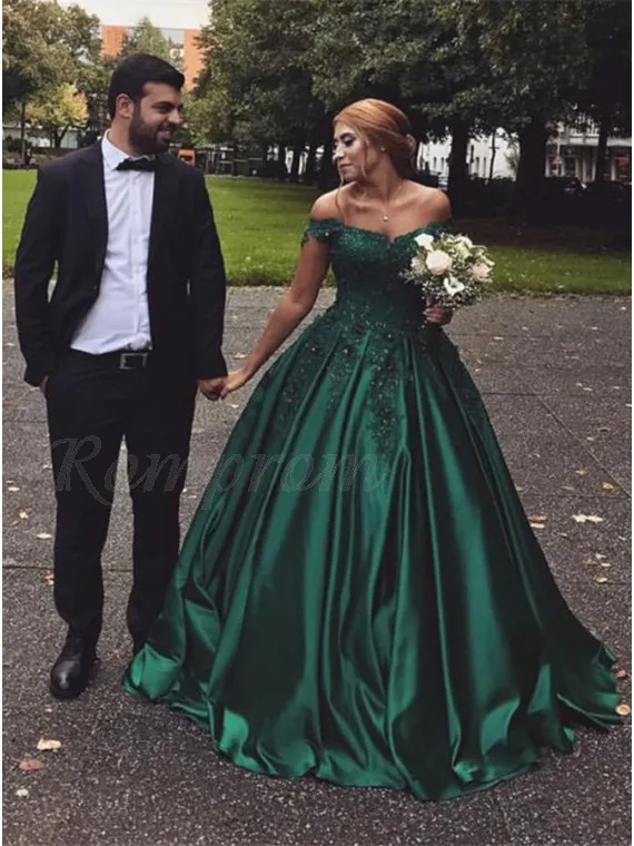 fuori dalla spalla abito da ballo verde scuro abiti da sposa colorati raso di pizzo Dubai abiti da sposa colorati arabi non bianchi realizzati su misura