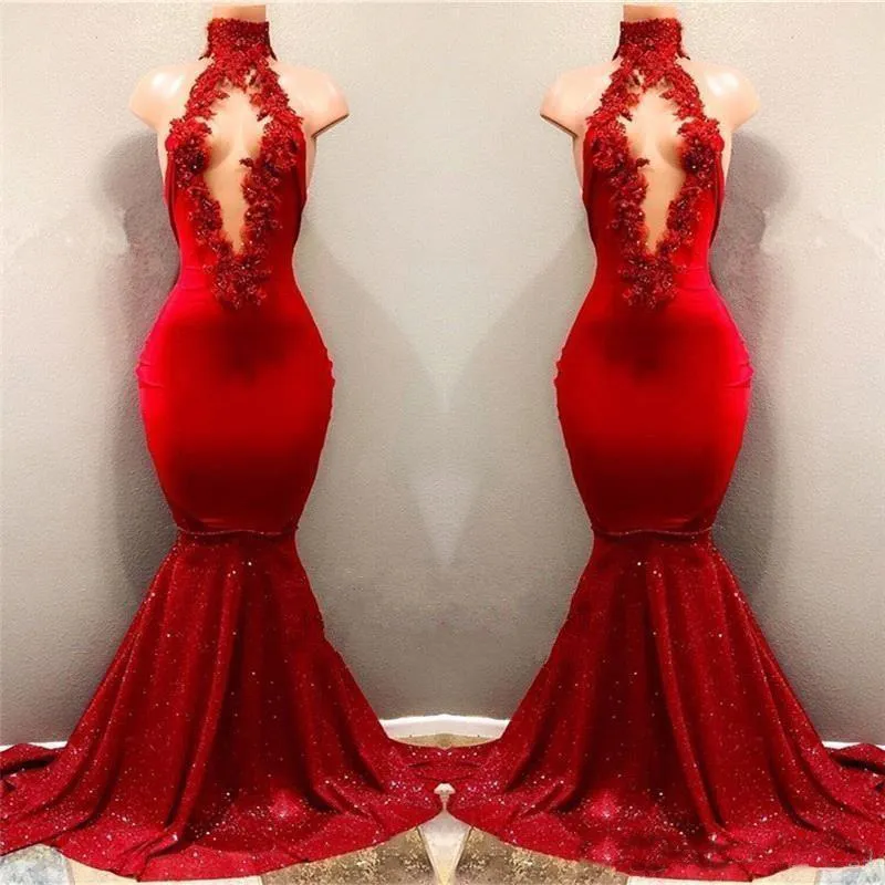 2018 Sexy High Neck Red Sequined Prom Dresses Mermaid Hollow Out Front Lace Appliqued Beads Evening Gowns