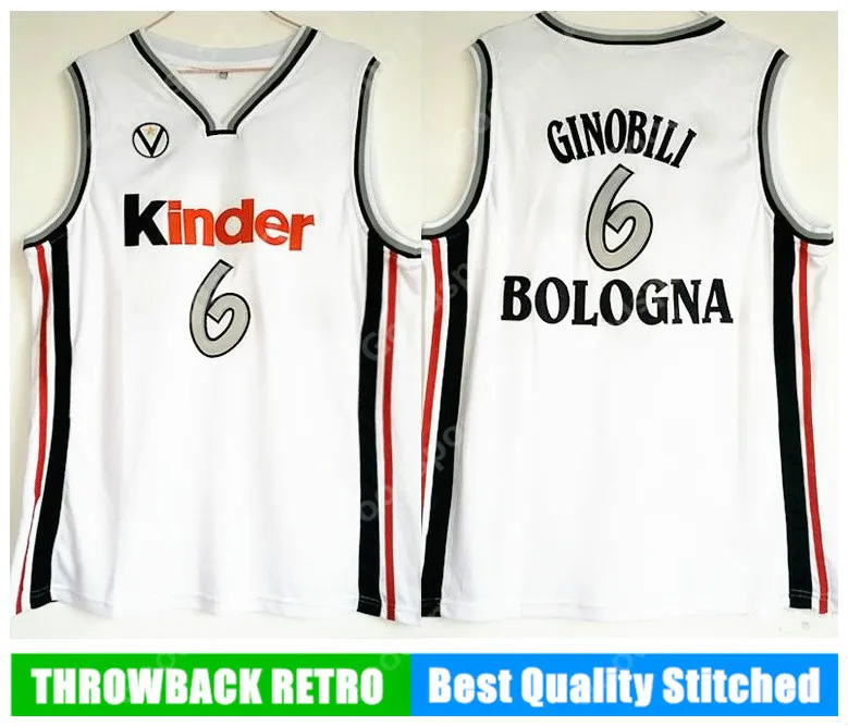 KINDER BOLOGNA Maglia Manu Gin￳bili Ginobili 6 Maglia Uomo Europa Basket Bianca Cucita Vintage Maglia Classica TOP