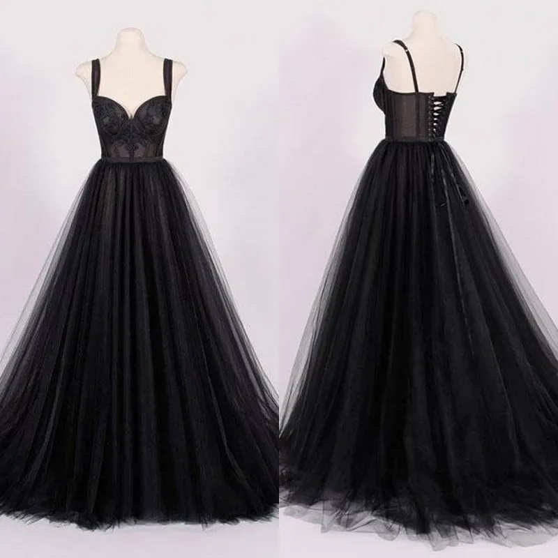 Amostra real 2018 vintage preto tule vestidos de casamento com renda applique cintas de espaguete querida rendas até voltar vestidos de noiva en11208b