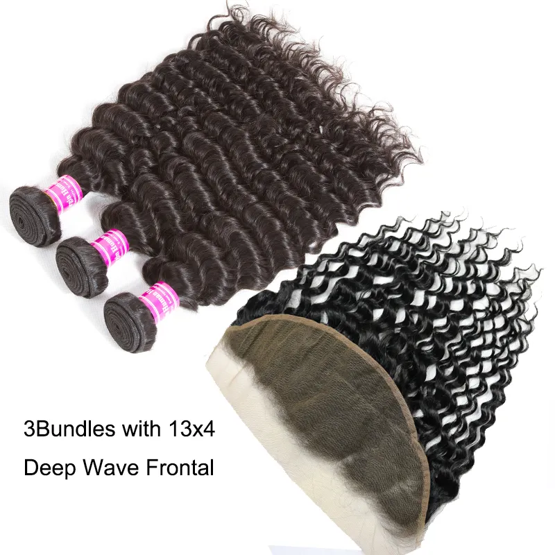 Brazilian Virgin Human Hair Bundles With Lace Closure Frontal Straight Deep Body Water Wave Kinky Curly Ear to Ear Extensions Weft Weave For Black Women