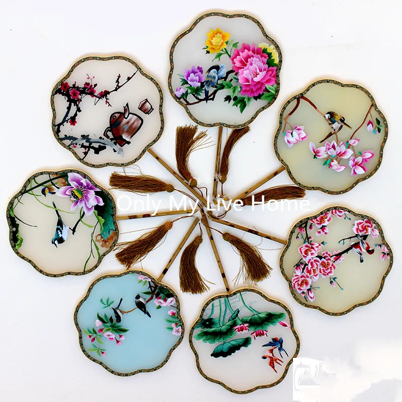 Volledige handgemaakte moerbeiboom zijde hand fans bloemen dubbele geborduurde chinese gift fan hoge end bamboe handvat decoratieve fan bruiloft