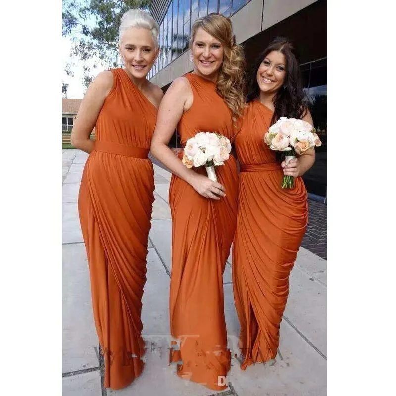 Burnt Orange Bridesmaid Dresses 2017 One Shoulder Draped Dress Long Maid Of Honor Dresses With Split286f