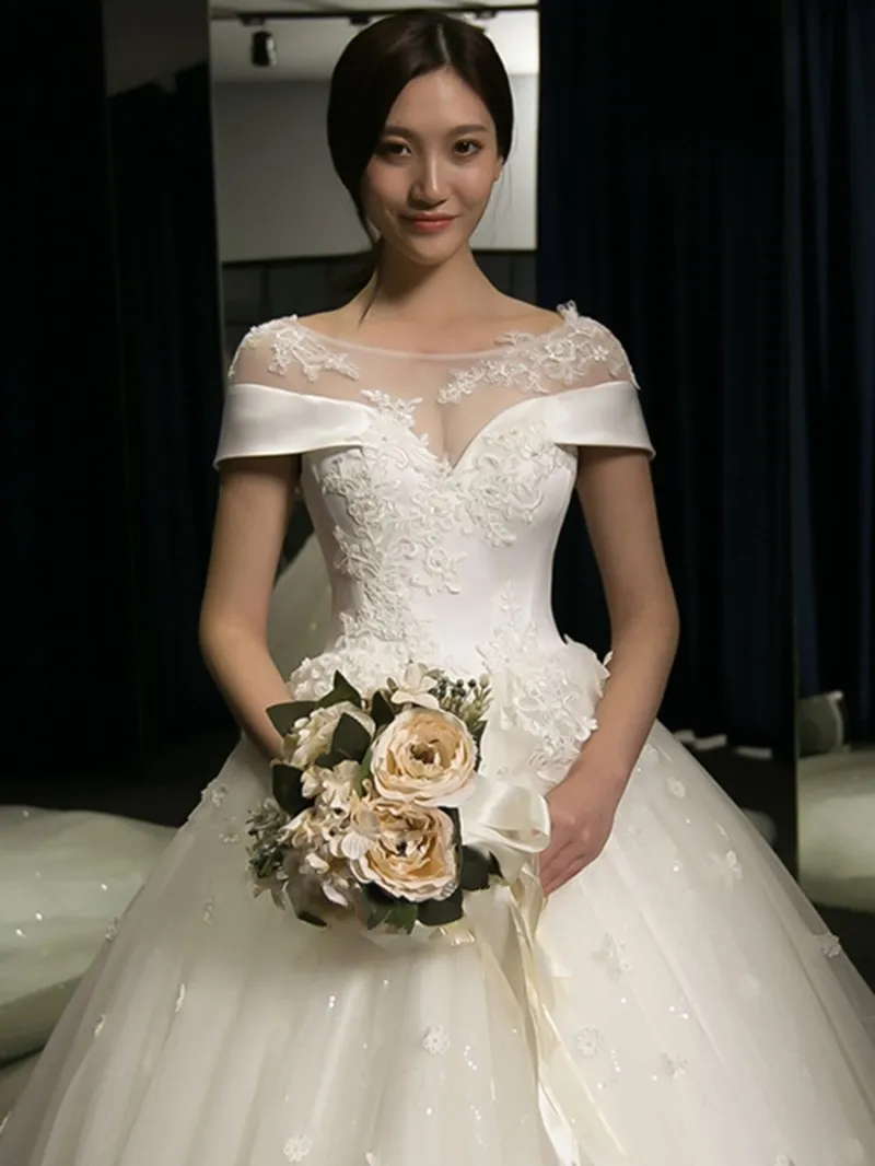 Satin Organza Online Lace Appliqued Ball Gown Wedding Dresses With Floral Appliques abanicos para boda al por mayor