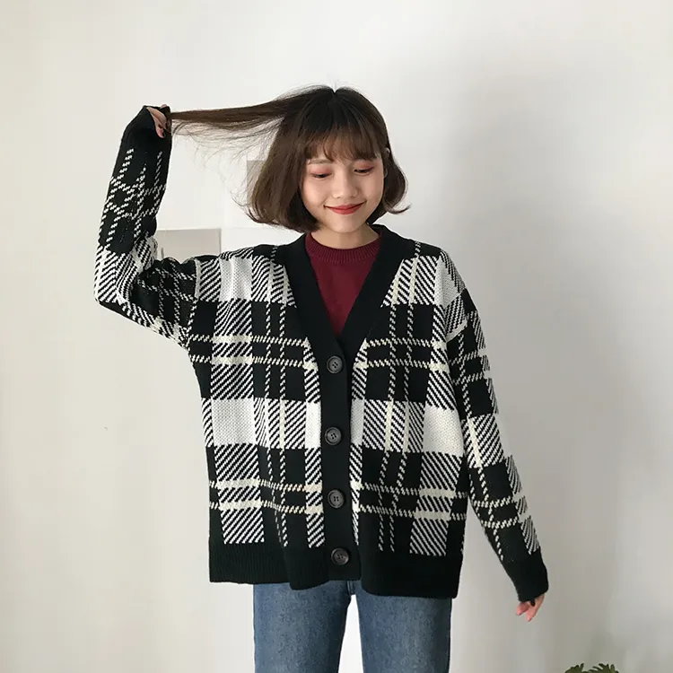 cardigan kvinnor sweaters hajuku koreanska stil höst kläder vinter 2018 mode retro plaid knappar trend stickad tröja kvinnor