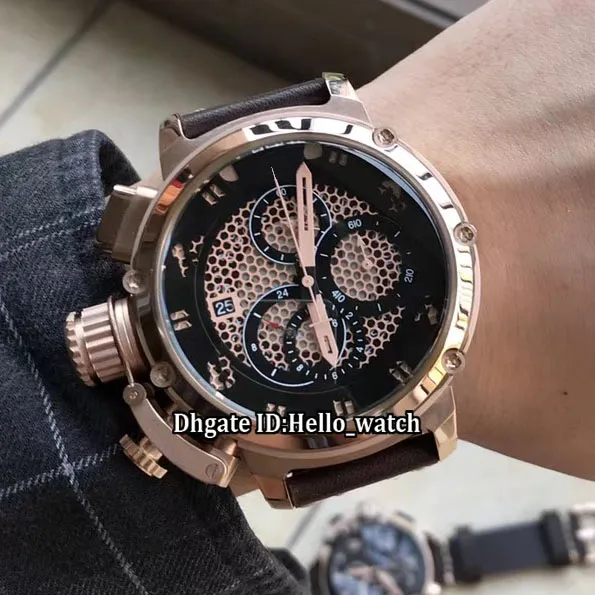 Left Handed 50mm U-51 U51 Chimera Bronze 7474 Skeleton Gold Dial Quartz Chronograph Mens Watch Stopwatch Leather Strap Sport Gents Watches