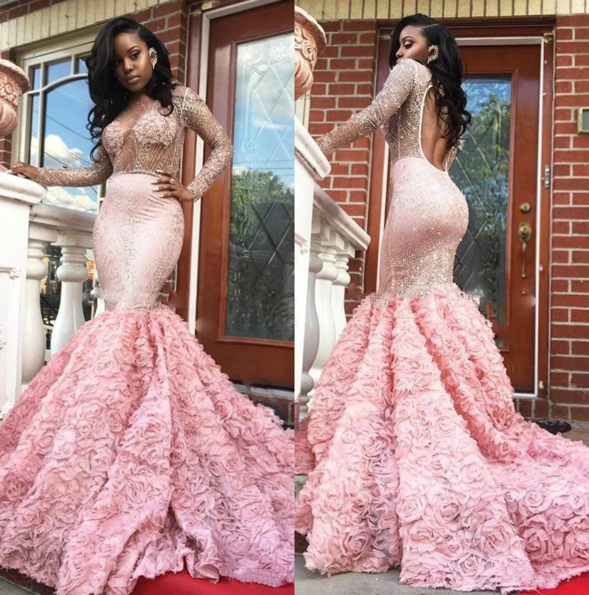 2018 Benzersiz Mermaid Gelinlik Tasarım Lüks Pembe Sheer Boyun Seksi Afrika Vestidos De Festa Özel Durum Elbise Abiye giyim