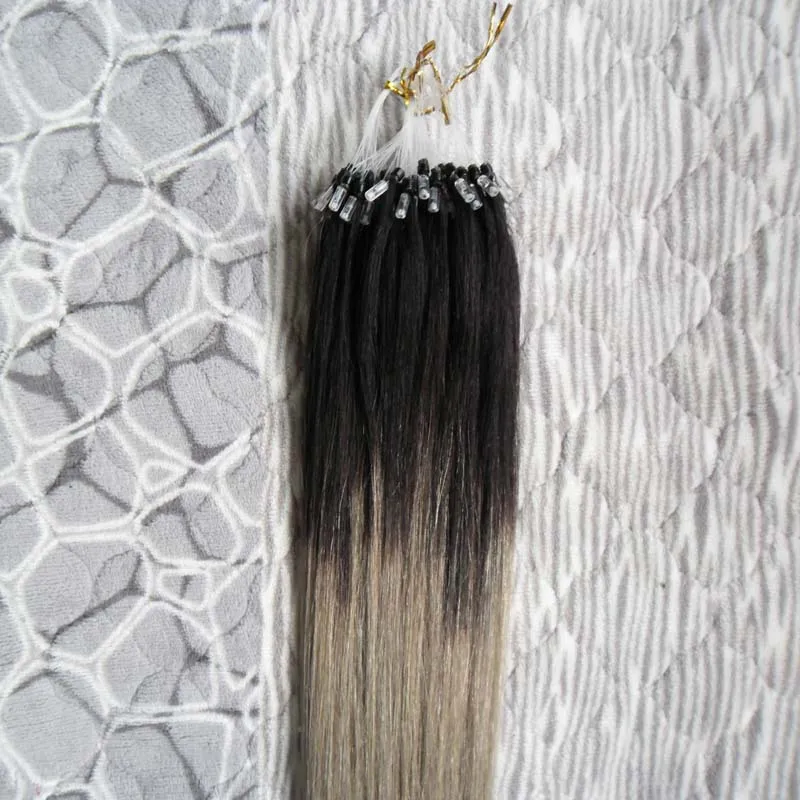 Grå Ombre Micro Loop Ring Hårförlängningar 100g 1g / s 100s Remy Micro Bead Hair Extensions T1b / Gray Micro Link Mänskliga hårförlängningar