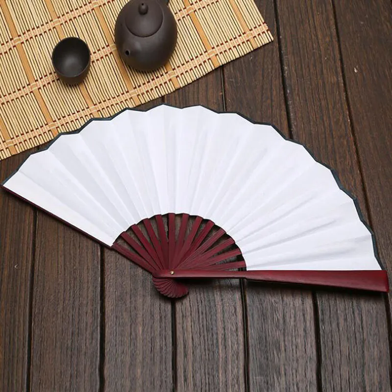 Large 33cm Folding Fan Black White Cloth Wooden Hand Fans DIY Craft Art Planting Ornaments Men's Outdoor Handfan ZA6334