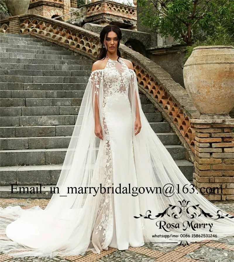 Sexy Caped Halter Mermaid Wedding Dresses 2020 Plus Size Vintage Lace Country Beach African Arabic Style Bridal Gowns with Long Sleeves