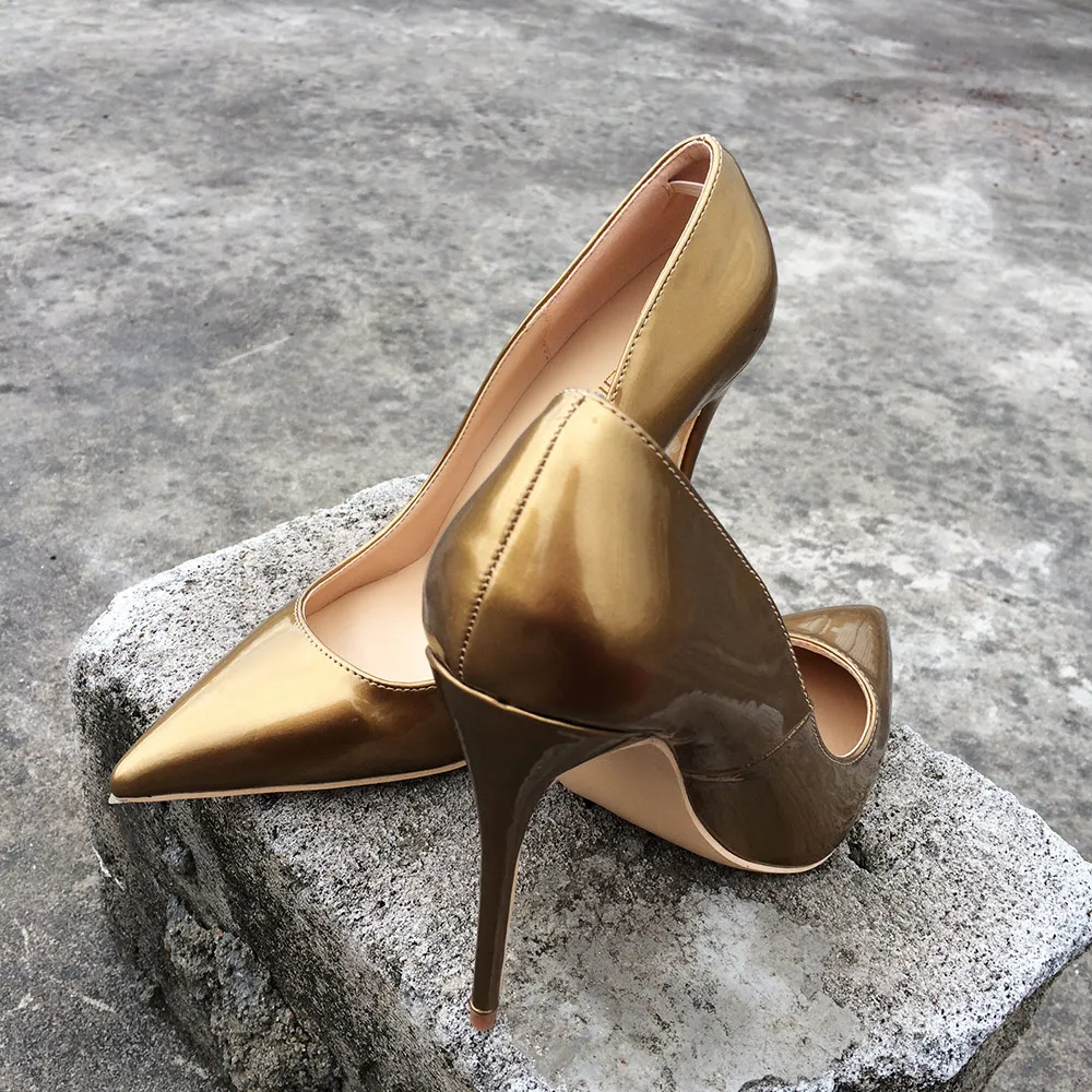 Fashion Women Pumps Bronze Patent Lether Women Sexy Pointed Toes High