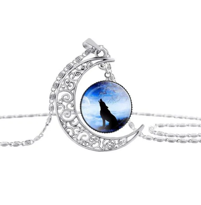 DHL Moon Time Gemstone Collier En Argent Wolf Totem Rétro Alliage Évider Pendentif Collier Rétro Alliage Chaîne Bijoux