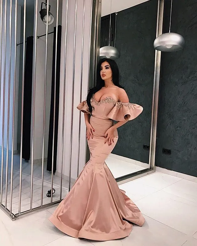 Off-Shoulder Mermaid satin Mermaid prom dress with Ruffles and Appliques - Perfect for Formal Wear and Parties Off-Shoulder Mermaid satin Mermaid prom dress with Ruffles and Appliques - Perfect for Formal Wear and Parties