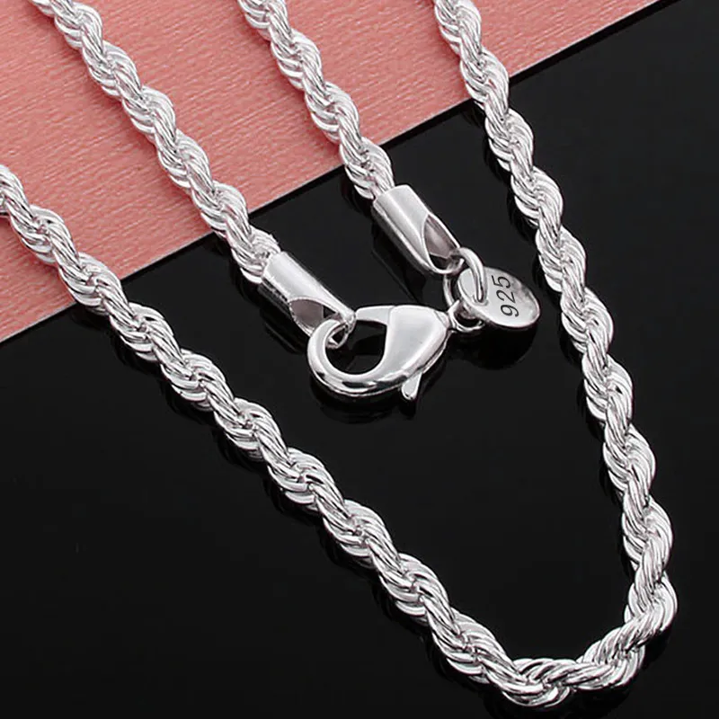 Colares de corrente de corda trançada de prata esterlina 925 2MM 3MM para mulheres e homens, joias de moda 16 18 20 22 24 26 28 30 polegadas