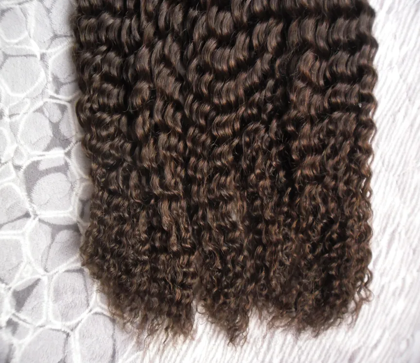 가장 어두운 갈색 몽골어 곱슬 머리 곱슬 머리 나는 인간의 머리카락 확장 300g 300s 각질 스틱 팁 머리카락 확장