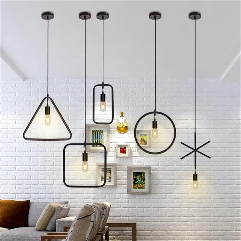 현대 LED 펜던트 램프 기하학적 모양 아이언 E27 램프 홀더 90-260V 커피 숍 바 휴대용 식당 실내 조명